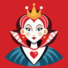 Alice in Wonderland Queen of Hearts clipart. The image shows a stylized depiction of the Queen of Hearts with a crown and a high collar. Vector illustration design.