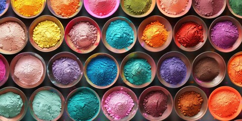 Colorful holi powder filling small bowls placed on a carpet