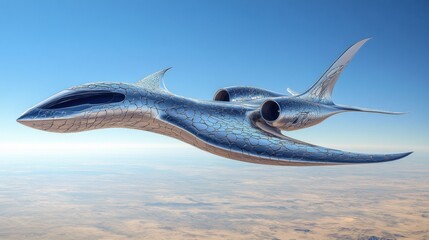 Naklejka premium Snake-inspired airplane with an elongated, flexible body and detailed scales, soaring through a clear blue sky