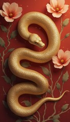 Fototapeta premium Elegant Golden Snake with Pink Flowers on Red Background: Symbol of Prosperity and Renewal