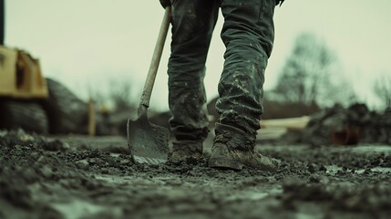Construction Worker Using Shovel on Mud