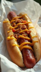Tempting chili dog topped with mustard, a classic fast food indulgence