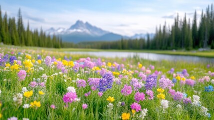 Vibrant wildflowers bloom beside a serene mountain lake.  A picturesque meadow bursts with color against a backdrop of towering peaks and lush forest