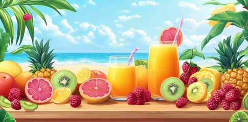 Fototapeta premium Vibrant tropical fruits and refreshing juice on a sunny beach table for a healthy summer experience