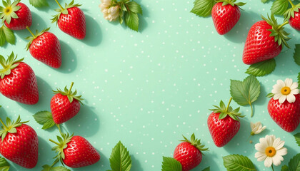 Vibrant Strawberry Illustration with Mint Green Polka Dot Background and White Blossoms in Botanical Style