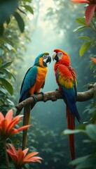 Obraz premium Vibrant Macaws Perched on Branch in Lush Rainforest Setting