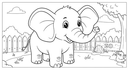Obraz premium Cartoon elephant in the zoo Outlined colouring page black and white for kids with white background