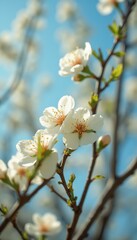Blossoming Tree Branch with Delicate White Flowers Against a Clear Blue Sky on Sunny Day