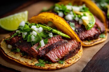 Delicious tacos with grilled meat, avocado, cilantro and onion, resting on a wooden table