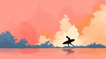 Obraz premium Surfer Silhouette at Sunset Beach Art Summer Vibes Ocean Scene
