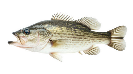 Fototapeta premium fresh. whole largemouth bass. showcasing its distinctive elongated body. prominent mouth. and detailed scales against a clean white background this representation highlights the fish's features. makin