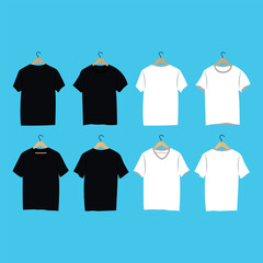 Black white men women t shirt vector mockup bundle on sky blue background. Collection of unisex shirt mockups  each with hanger for print on demand business and print related industry.