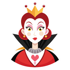 Alice in Wonderland Queen of Hearts clipart. The image shows a stylized depiction of the Queen of Hearts with a crown and a high collar. Vector illustration design.