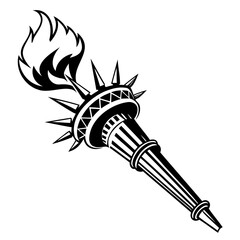 A burning torch with flames fluttering in the wind black silhouette isolated on transparent background