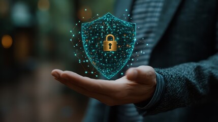 Cybersecurity Shield: A person's hand gently cradles a shimmering, digital shield, symbolizing protection and data security. The padlock within the shield represents secure data.