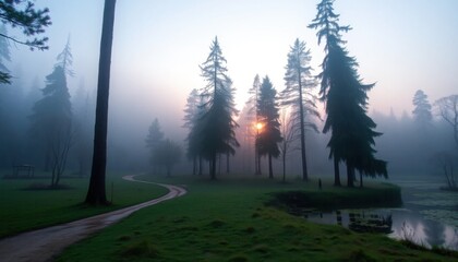 Serene Sunrise over Misty Park with Tall Evergreen Trees and Winding Path
