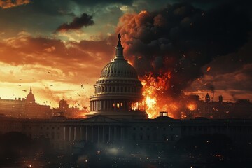 Obraz premium Fireworks explosion over Capitol Building, American flag colors in the sky, dramatic Independence Day theme