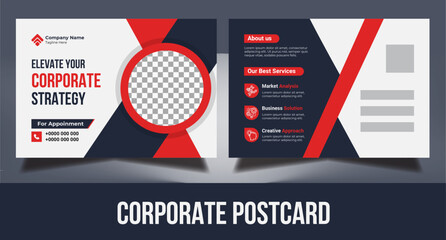 Editable corporate business postcard EDDM design template layout with red round elements for marketing promotion company services