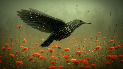 Starling soars over red blossoms in hazy meadow
