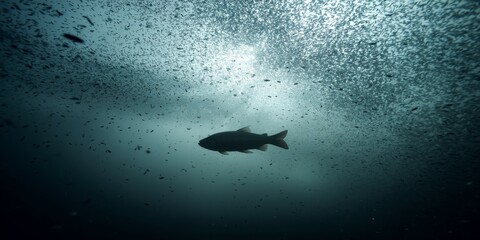 Microscopic view of microfibers entwined with plankton, revealing how plastic infiltrates the marine food chain under a dark, polluted ocean