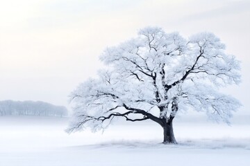 Fototapeta premium Majestic oak tree covered with snow standing in winter landscape