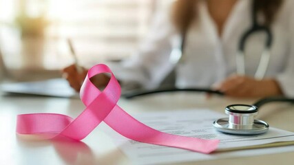 A pink ribbon on a desk beside medical paperwork and a stethoscope, promoting awareness - Powered by Adobe