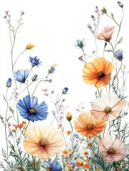 Naklejka premium Vibrant watercolor wildflower frame showcasing intricate details on a pristine white canvas evoking a serene cottagecore aesthetic