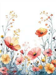 Naklejka premium Delicate watercolor wildflower frame adorned with pastel blooms against a crisp white background for creative writing spaces