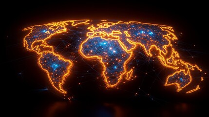 Fototapeta premium Illuminated World Map: A stunning digital rendering unveils the world map, with continents outlined in an orange glow and city lights shining across the globe.