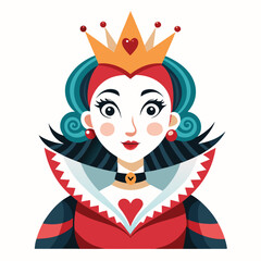 Alice in Wonderland Queen of Hearts clipart. The image shows a stylized depiction of the Queen of Hearts with a crown and a high collar. Vector illustration design.