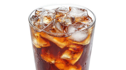 a glass filled with dark. carbonated beverage and ice cubes. showcasing the refreshing nature of the drink the clear glass contrasts with the dark liquid. emphasizing the coolness and thirst-quenching
