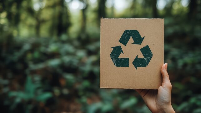 Eco-Conscious Gesture: A hand proudly presents a cardboard box adorned with the universally recognized recycling symbol, against a blurred backdrop of lush greenery.