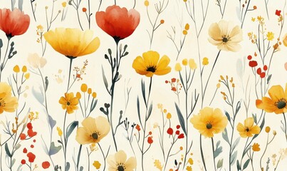 Naklejka premium Vibrant wildflower pattern showcasing seamless pastel colors against a soft cream background