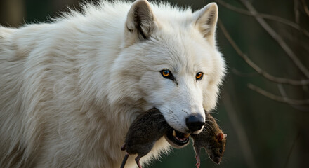 Obraz premium Arctic White Wolf Holding Prey in Mouth with Intense Gaze in Natural Habitat