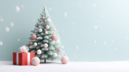 Festive Christmas tree adorned with pink ornaments, surrounded by gifts and snowflakes