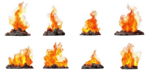 series of stylized flames depicted in various sizes and orientations. set against a white background the flames are vibrant. with shades of orange. yellow. and red. and are resting on dark. rocky base