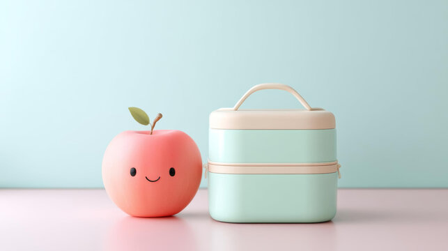 Cute lunchbox and smiling apple on pastel background, perfect for kids meals