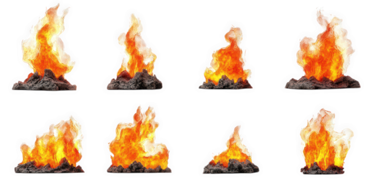 series of stylized flames depicted in various sizes and orientations. set against a white background the flames are vibrant. with shades of orange. yellow. and red. and are resting on dark. rocky base