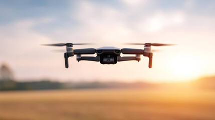 Aerial drone flying over scenic landscape at sunset, capturing stunning views