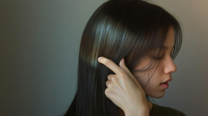 Fototapeta premium Young woman with long, dark hair gently touching her hair, showcasing serene expression