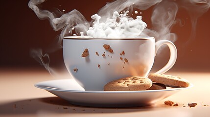 Steaming cup of coffee with cookies on a warm brown background
