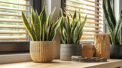 Transplanting potted sansevieria plant care Indoor plants in decorative pots beside window with blinds.