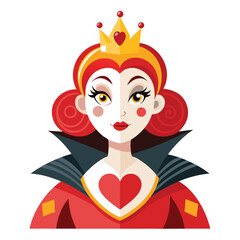 Alice in Wonderland Queen of Hearts clipart. The image shows a stylized depiction of the Queen of Hearts with a crown and a high collar. Vector illustration design.