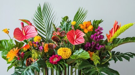 A vibrant floral arrangement comprised of various colorful botanical elements