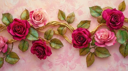 Elegant golden vines wrapped with bright pink and deep red roses, enhanced by delicate green leaves, isolated on a muted soft pink background