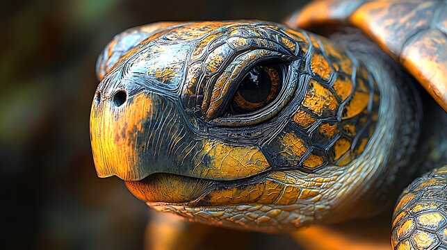 Close-up of a vibrant turtle showcasing intricate shell patterns and expressive eyes in a natural habitat