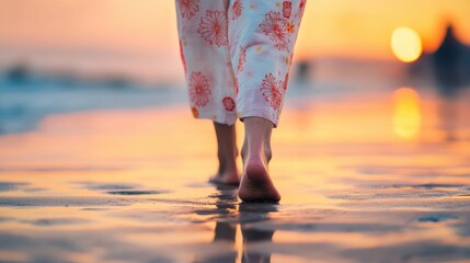 夕暮れのビーチを裸足で歩く女性（ai生成画像）