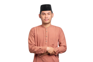 Portrait of Asian Muslim man praying isolated on transparent background