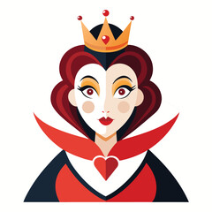 Alice in Wonderland Queen of Hearts clipart. The image shows a stylized depiction of the Queen of Hearts with a crown and a high collar. Vector illustration design.