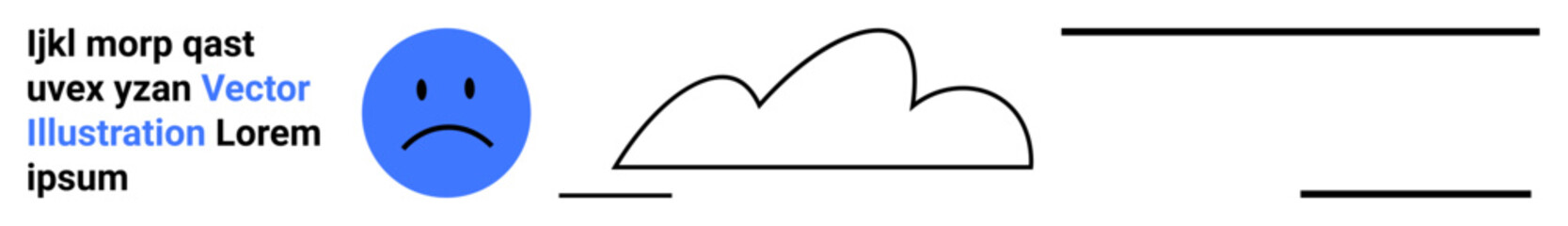 Fototapeta premium Blue sad face next to a cloud outline with horizontal black lines creating a minimal composition. Ideal for emotion, mood, frustration, communication, minimalism, conceptual sadness, simple landing